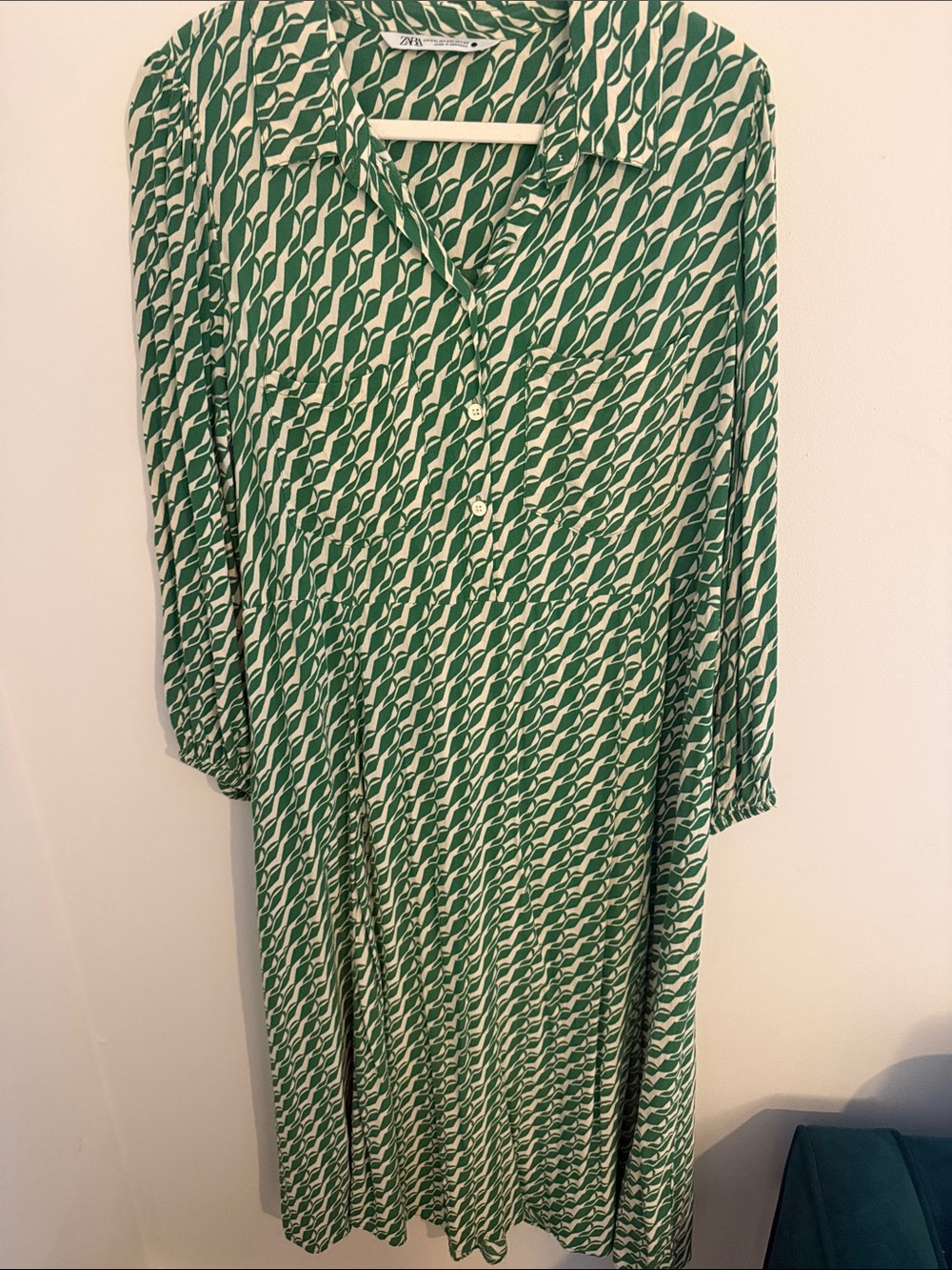 Zara Green White Geometric Print Midi Shirt Dress Collared Button Front Size XXL - Picture 8 of 8